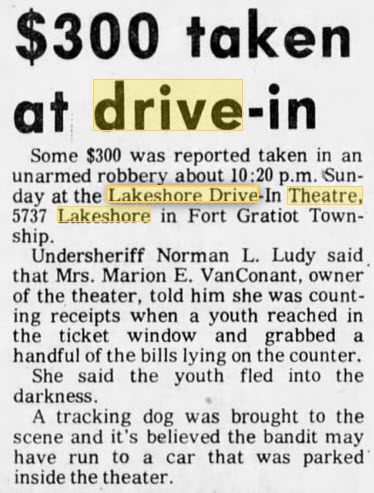 Lakeshore Drive-In Theatre - 10 SEP 1973 ARTICLE ON ROBBERY